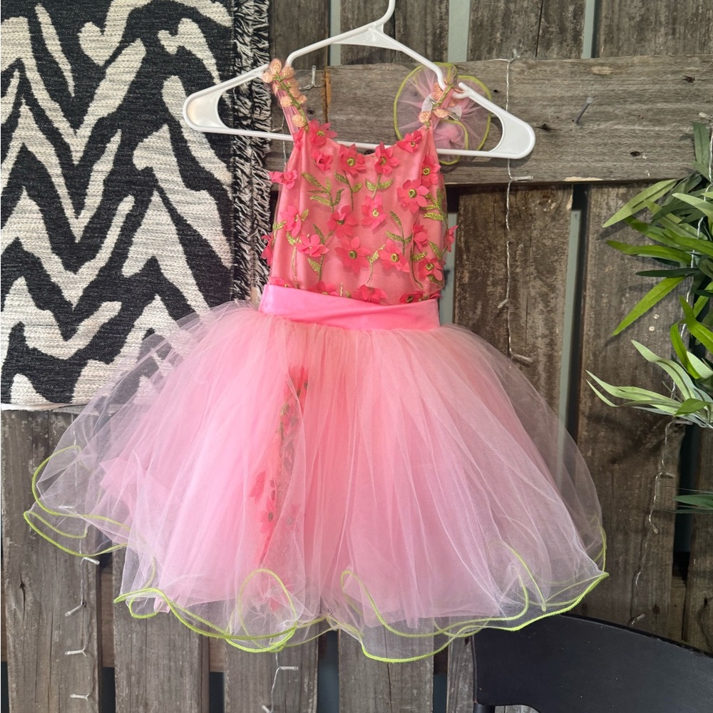 Pink Floral Tulle Princess Kids Costume Dress- Dance Recital - with Hair Bow